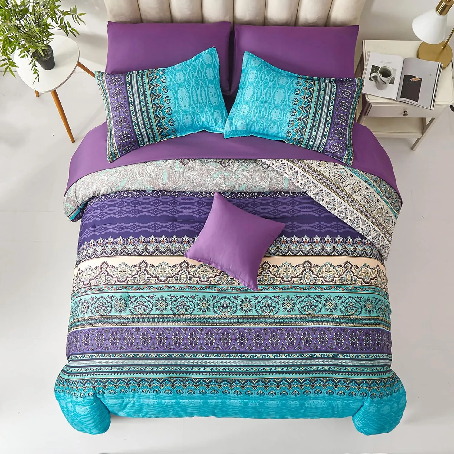 Boho Comforter Set Queen Size 8 Piece Bed in a Bag Bohemian Striped Bedding Quilt Set Aqua Paisley Floral Comforter and Sheet Set,Soft Microfiber Complete Bedding Sets for All Season