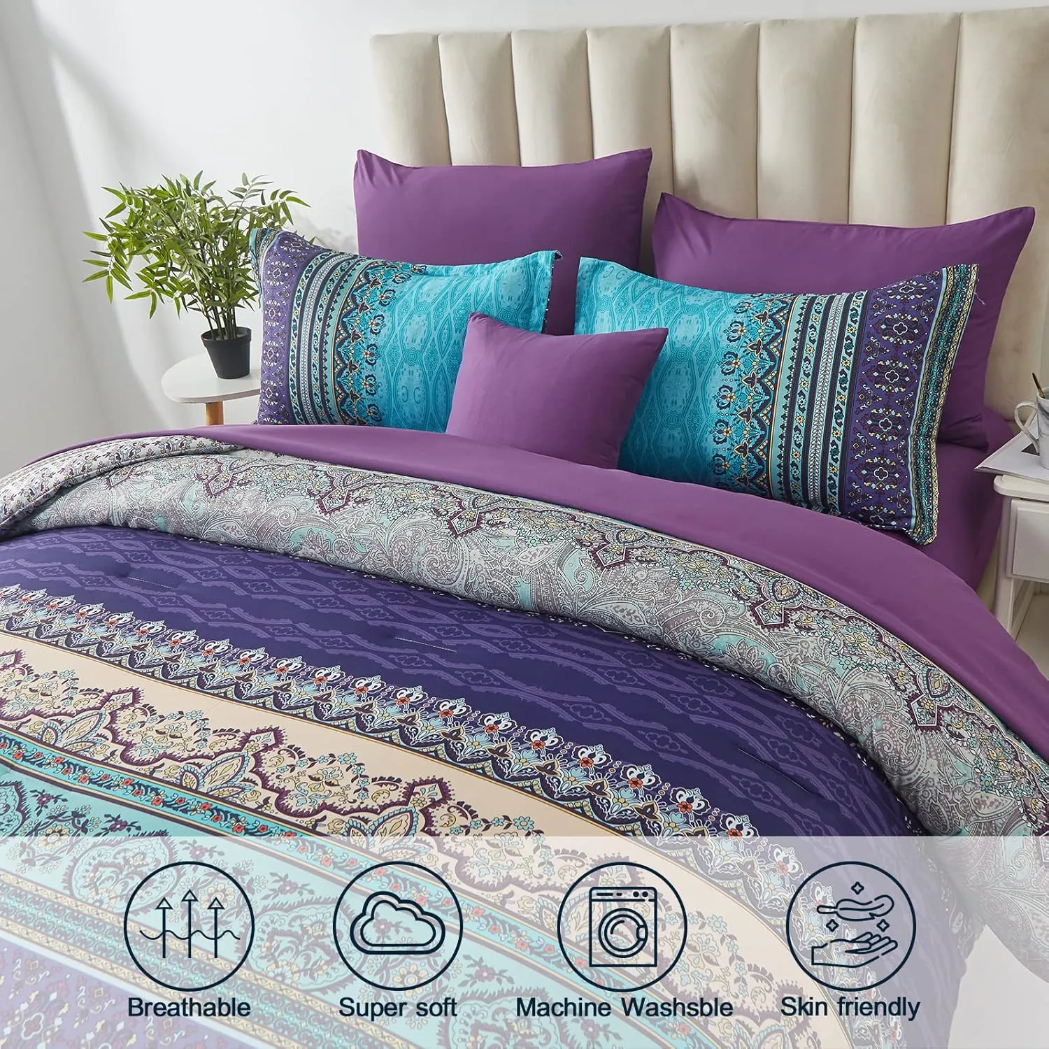 Boho Comforter Set Queen Size 8 Piece Bed in a Bag Bohemian Striped Bedding Quilt Set Aqua Paisley Floral Comforter and Sheet Set,Soft Microfiber Complete Bedding Sets for All Season