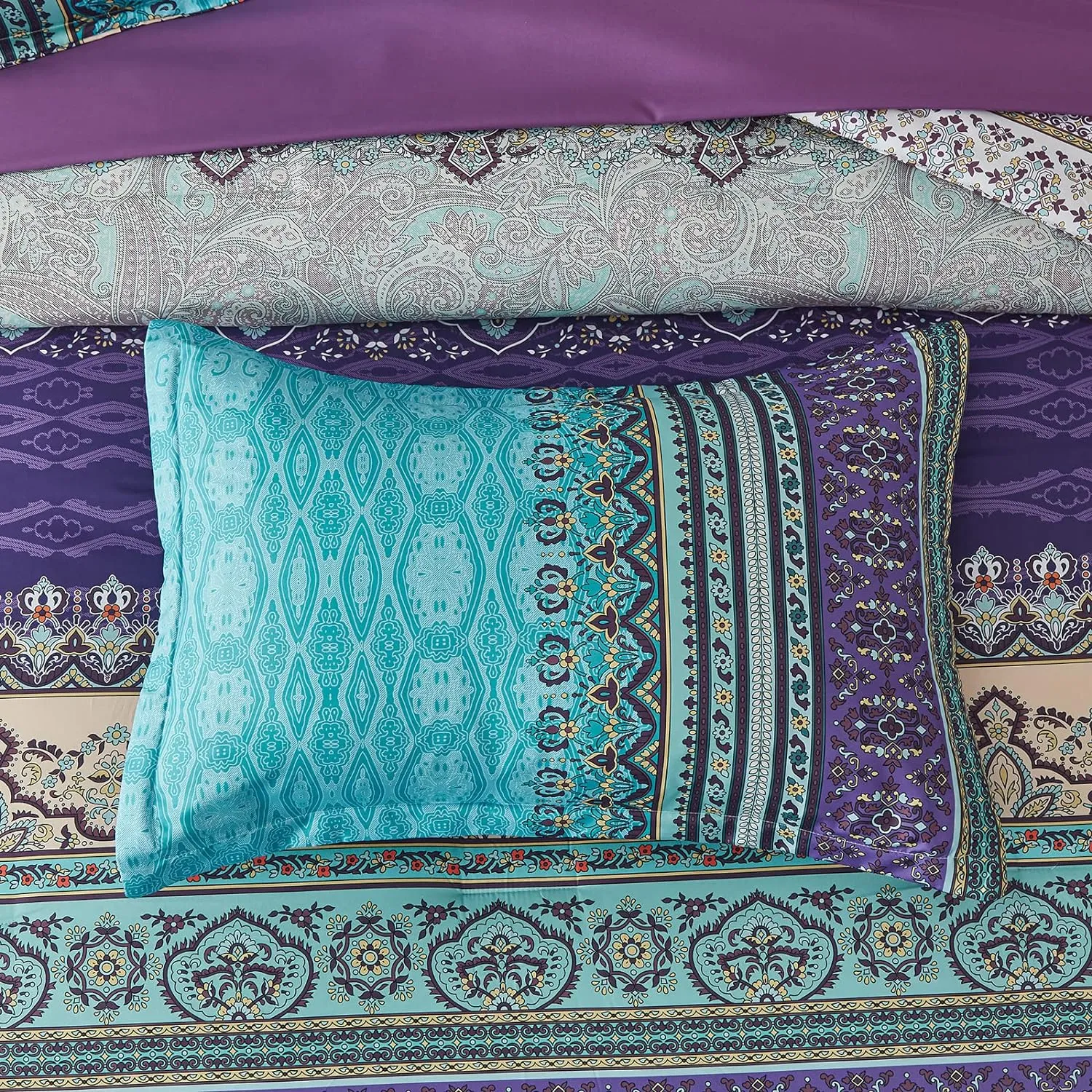 Boho Comforter Set Queen Size 8 Piece Bed in a Bag Bohemian Striped Bedding Quilt Set Aqua Paisley Floral Comforter and Sheet Set,Soft Microfiber Complete Bedding Sets for All Season