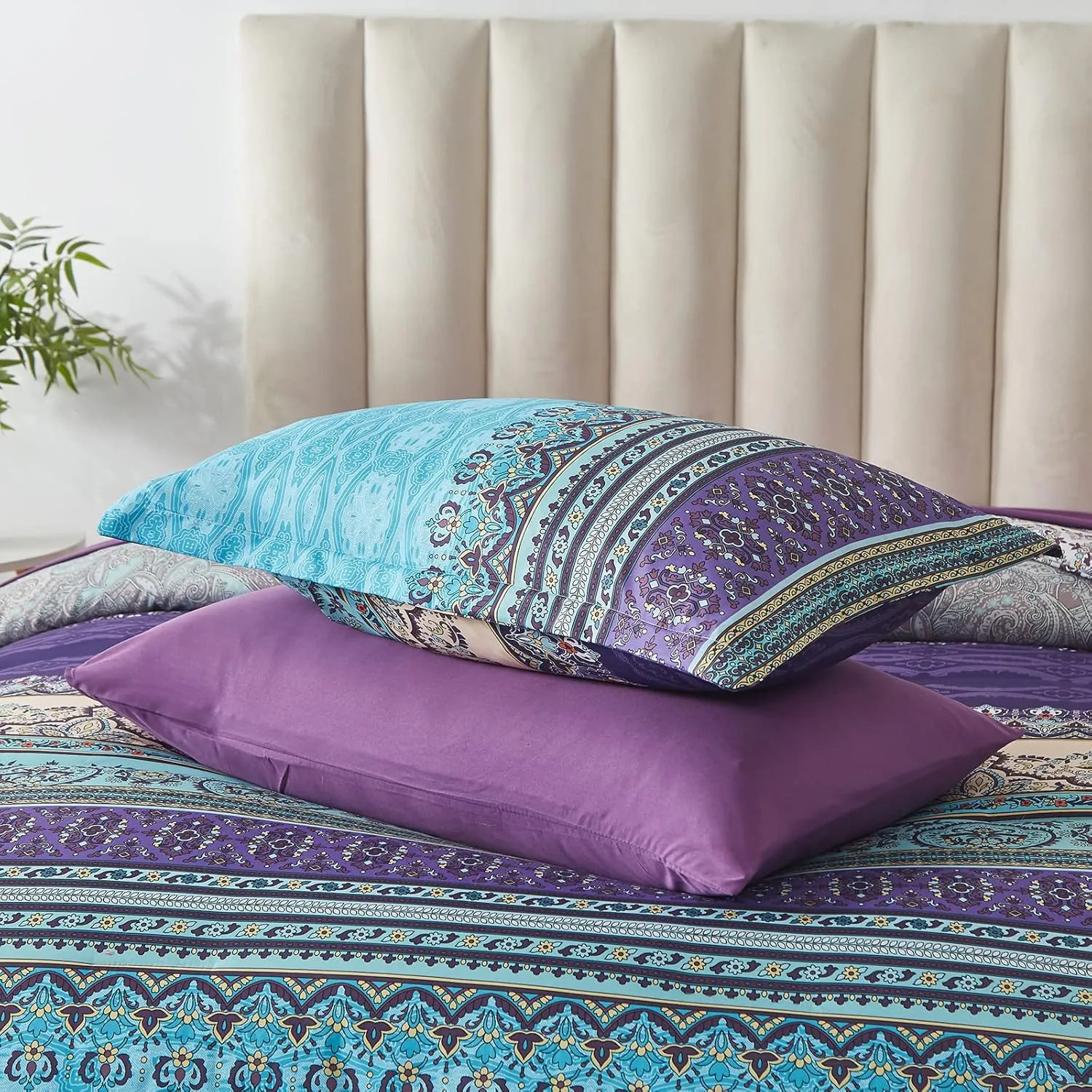 Boho Comforter Set Queen Size 8 Piece Bed in a Bag Bohemian Striped Bedding Quilt Set Aqua Paisley Floral Comforter and Sheet Set,Soft Microfiber Complete Bedding Sets for All Season