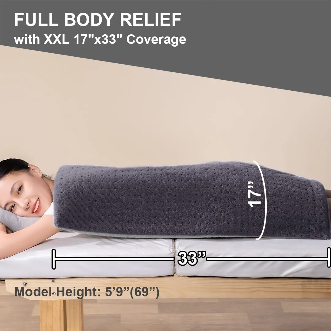Boncare® 17"x33" Extra Large Heating Pad for Back Pain Relief with Timer and without Auto Shut Off, 6 Heat Levels 9 Hour Auto Shut Off and Long 12.6ft Cord for Bed Foot Warmer, Machine Washable (Gray)
