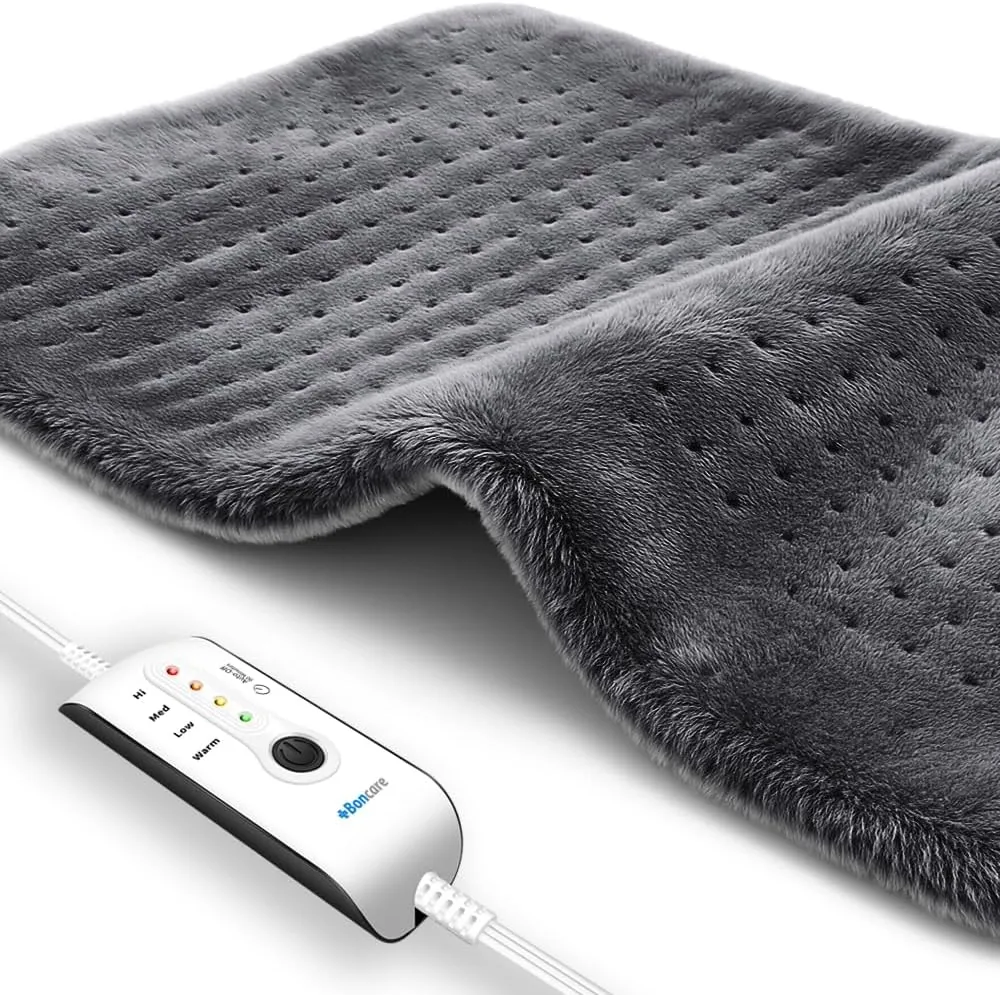 Boncare® Large Heating Pad for Back Pain Relief and Cramps with Auto Shut Off & 4 Temperature Settings, Fast Heat up Instant Comfort and Ultra Soft Velvet Plush Machine Washable (Gray, 12"x24")