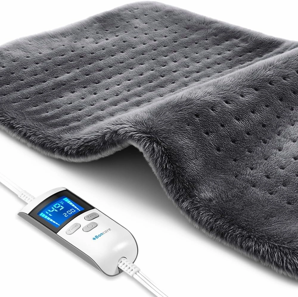 Boncare® LCD Digital Control 12” x 24” Heating Pad for Back Pain Relief and Cramps with Auto Shut off Large Size 6 Temperature Settings 6 Timers Super Soft Velvet Moist / Dry Hot Heat Pad (Dark Gray)