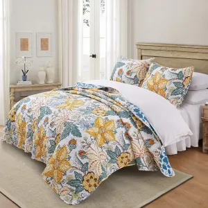 Bonlino Quilt King Size Bedding Set - Floral Quilt Bedspread 3 Pieces for King Bed Tropical Rustic Bedding Set in Flower Style Print Vintage Quilt Sets as Coverlet Cabin Bed Spread and Country Quilts