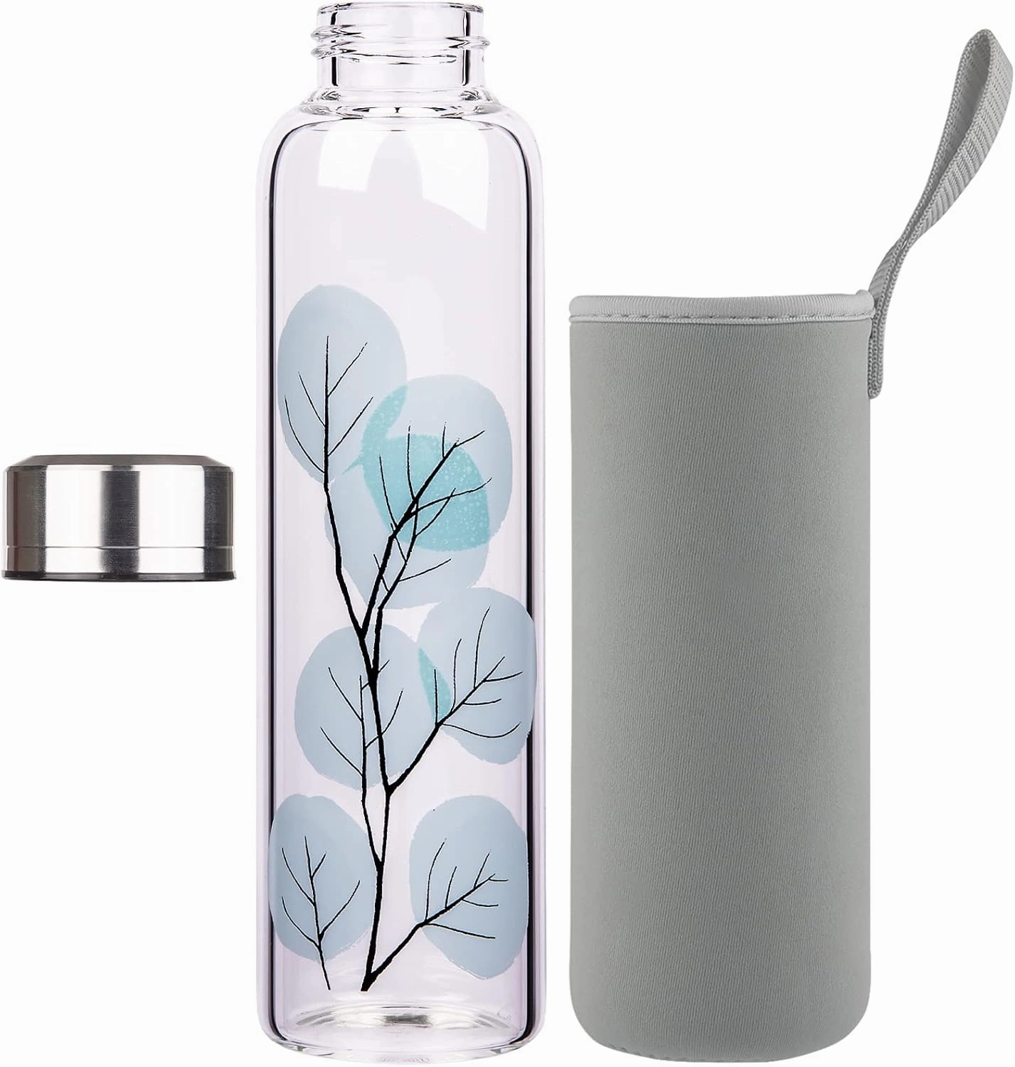 Borosilicate Glass Water Bottle, Sports Glass Drinking Bottle with Neoprene Sleeve and Stainless Steel Lid 16oz / 32oz (16oz, Blue Leaves)
