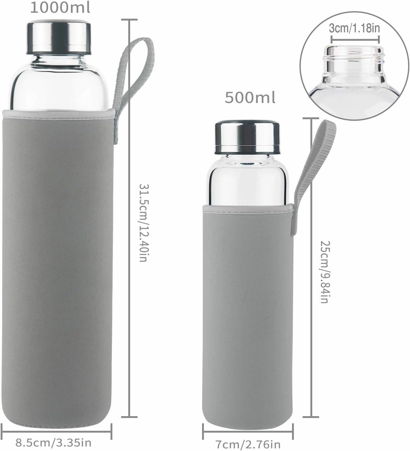 Borosilicate Glass Water Bottle, Sports Glass Drinking Bottle with Neoprene Sleeve and Stainless Steel Lid 16oz / 32oz (16oz, Blue Leaves)