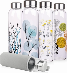 Borosilicate Glass Water Bottle, Sports Glass Drinking Bottle with Neoprene Sleeve and Stainless Steel Lid 16oz / 32oz (16oz, Blue Leaves)