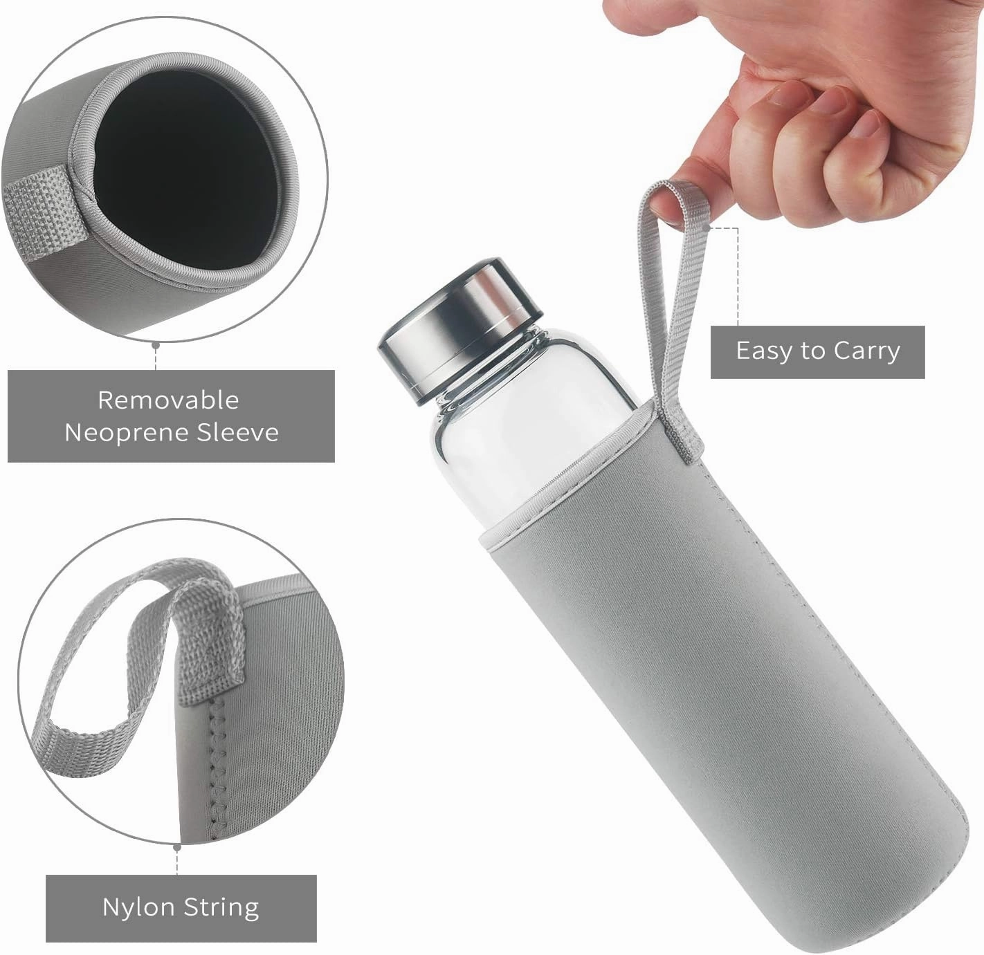 Borosilicate Glass Water Bottle, Sports Glass Drinking Bottle with Neoprene Sleeve and Stainless Steel Lid 16oz / 32oz (16oz, Blue Leaves)