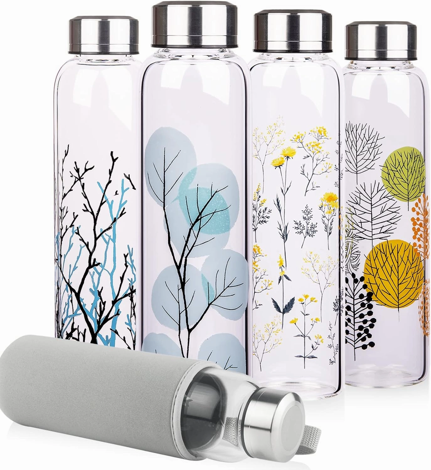 Borosilicate Glass Water Bottle, Sports Glass Drinking Bottle with Neoprene Sleeve and Stainless Steel Lid 16oz / 32oz (16oz, Blue Leaves)