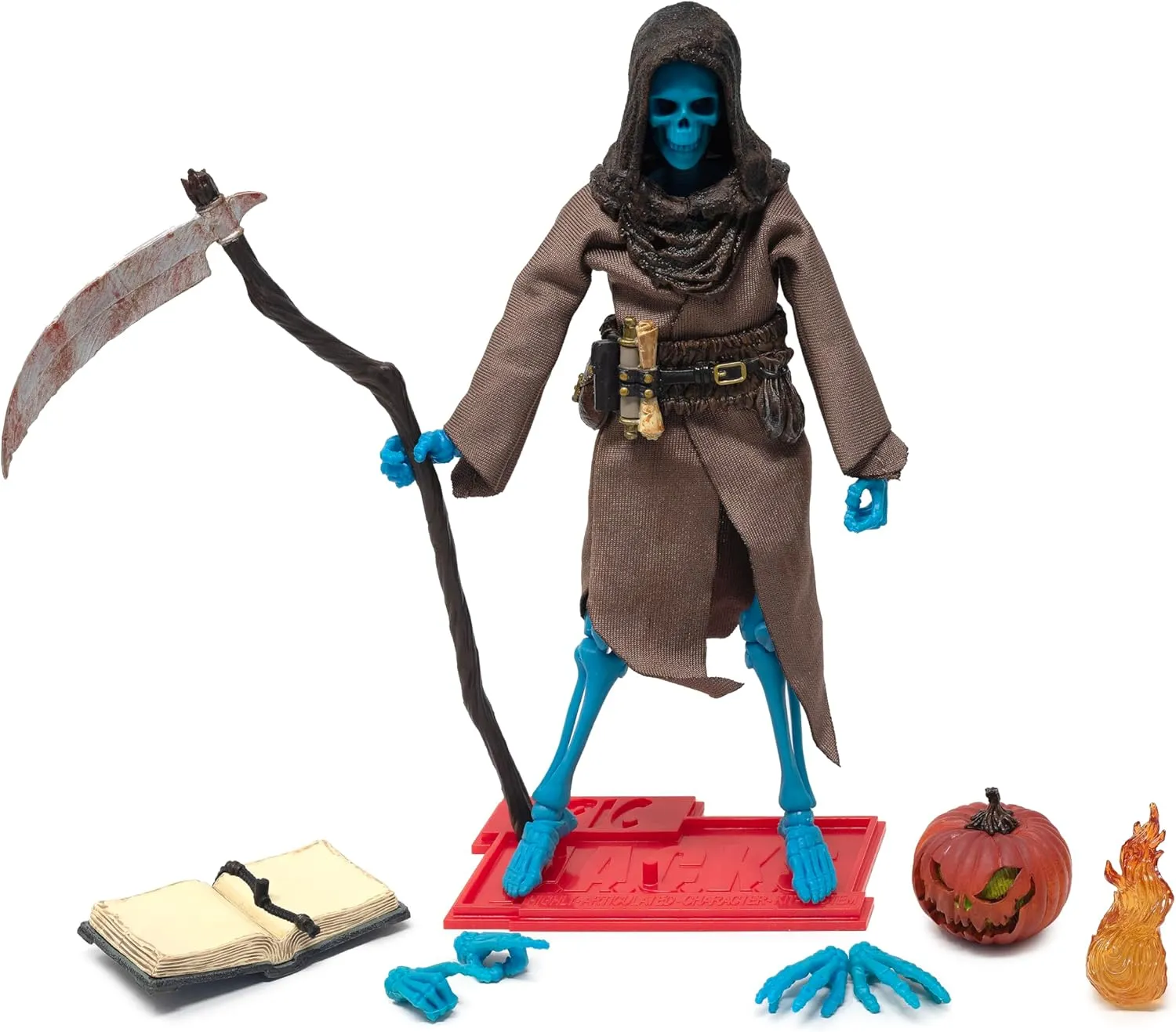 Boss Fight Studio Epic H.A.C.K.S. Grim Spectre Skeleton Action Figure – Highly Articulated Collectible Figurine with Accessories – Magic Book, Flame, Scythe, Alternate Head & Hands, and Stand – 1:12