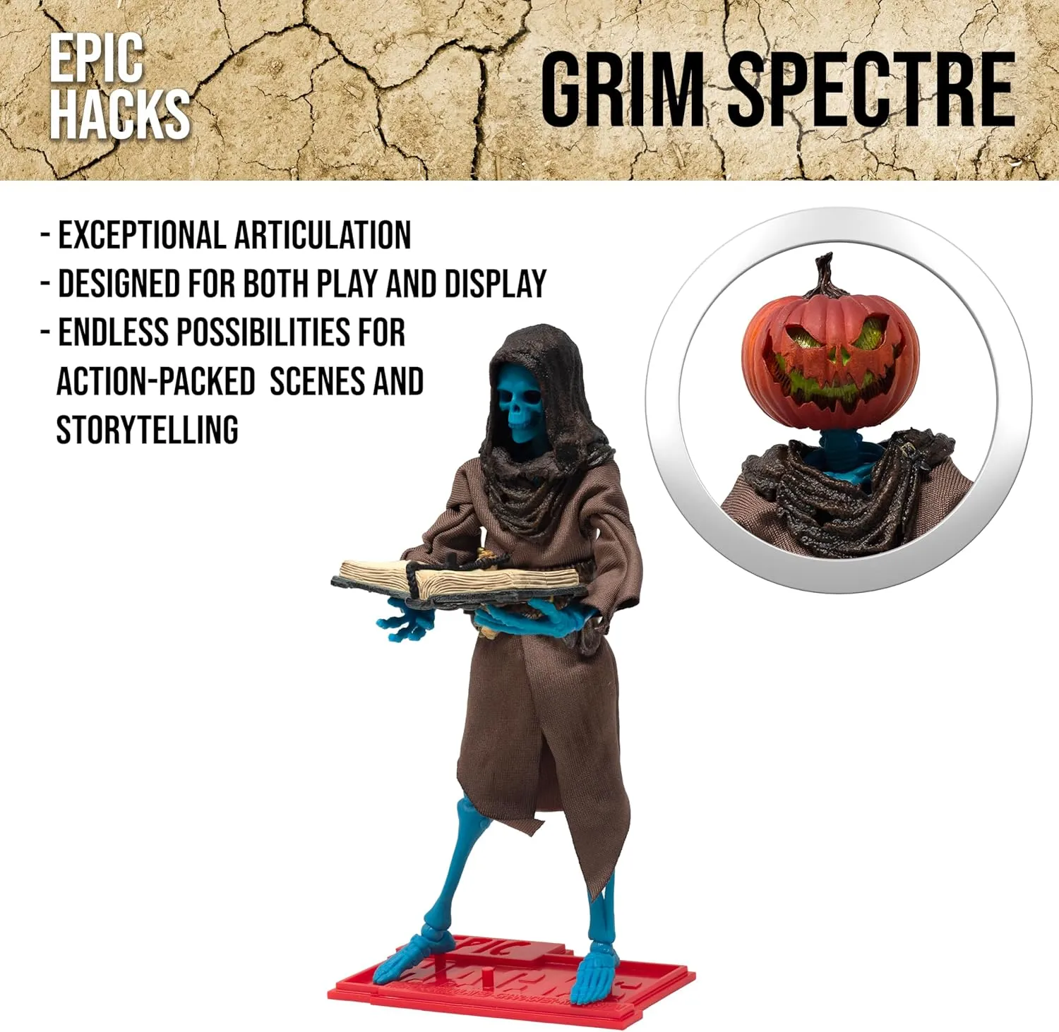 Boss Fight Studio Epic H.A.C.K.S. Grim Spectre Skeleton Action Figure – Highly Articulated Collectible Figurine with Accessories – Magic Book, Flame, Scythe, Alternate Head & Hands, and Stand – 1:12