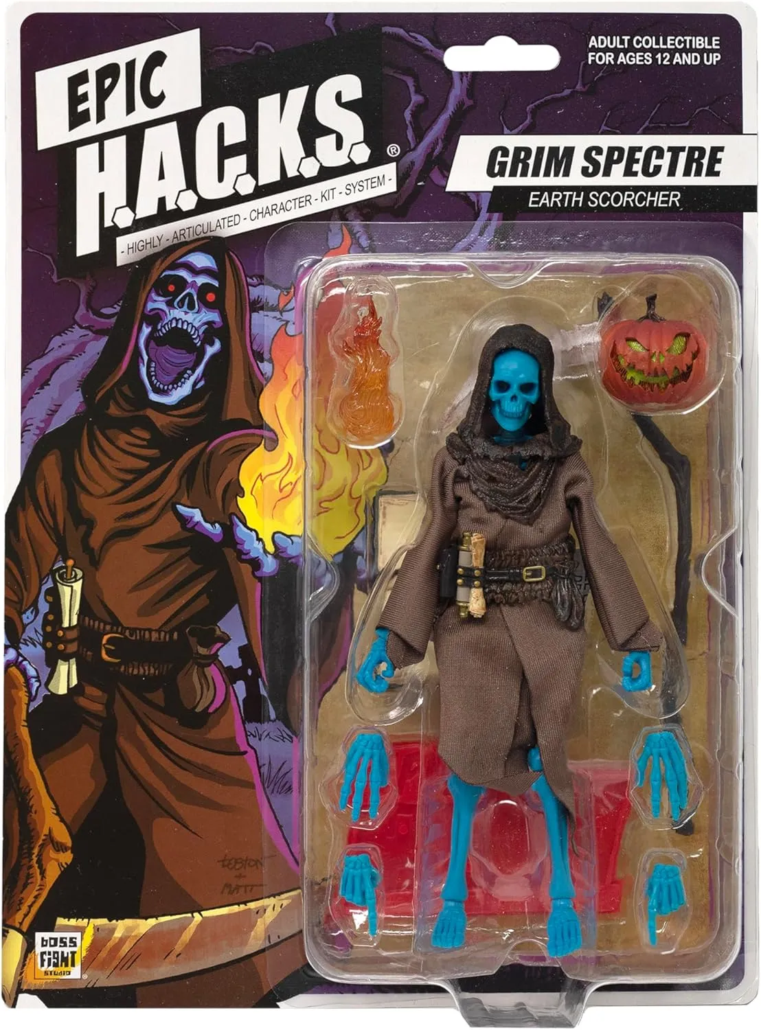 Boss Fight Studio Epic H.A.C.K.S. Grim Spectre Skeleton Action Figure – Highly Articulated Collectible Figurine with Accessories – Magic Book, Flame, Scythe, Alternate Head & Hands, and Stand – 1:12