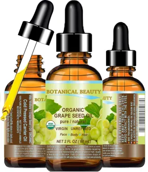 Botanical Beauty Organic GRAPE SEED OIL 100% Pure Natural VIRGIN UNREFINED Cold-Pressed Carrier Oil 2 Fl oz 60 ml for Face, Skin, Body, Hair, Lip, Nails, Massage. Rich in Vitamin E