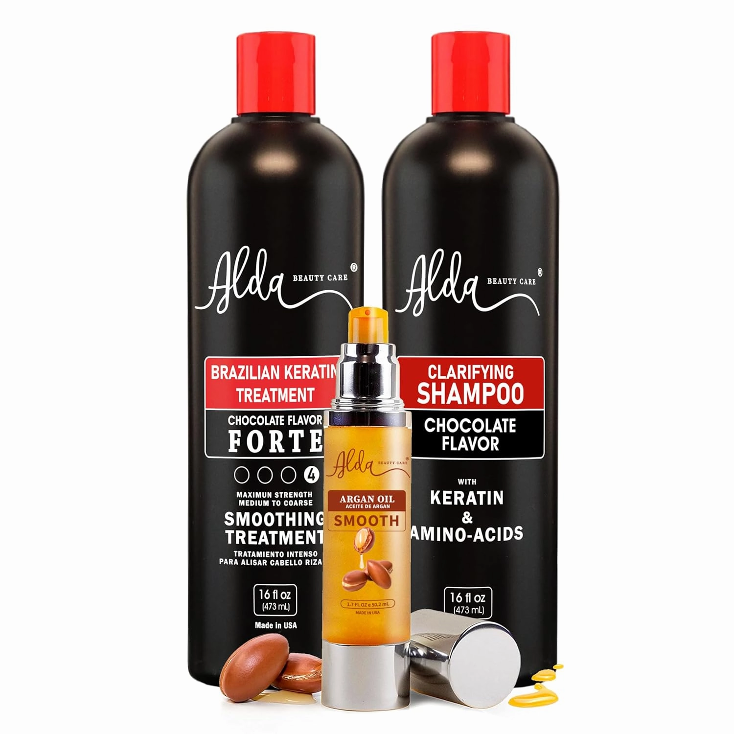 Brazilian Keratin Hair Treatment Set, Chocolate Forte Smoothing Treatment, Clarifying Shampoo, Argan Oil, 16 fl oz (16 fl oz)