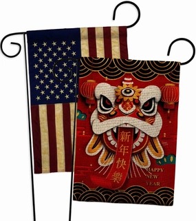 Breeze Decor Happy Lion Dance Garden Flag Pack New Year Lunar Good Luck Prosperous Seasonal Arrival Blessing Vintage Applique House Decoration Banner Small Yard Gift Double-Sided, Made in USA