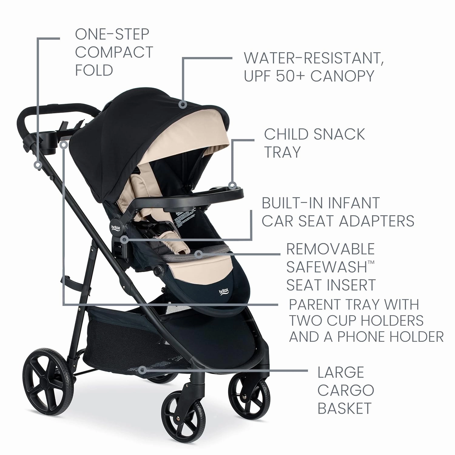Britax Willow Brook S  Baby Travel System, Infant Car Seat and Stroller Combo with Alpine Base, ClickTight Technology, SafeWash Insert and Cover, Sand Onyx