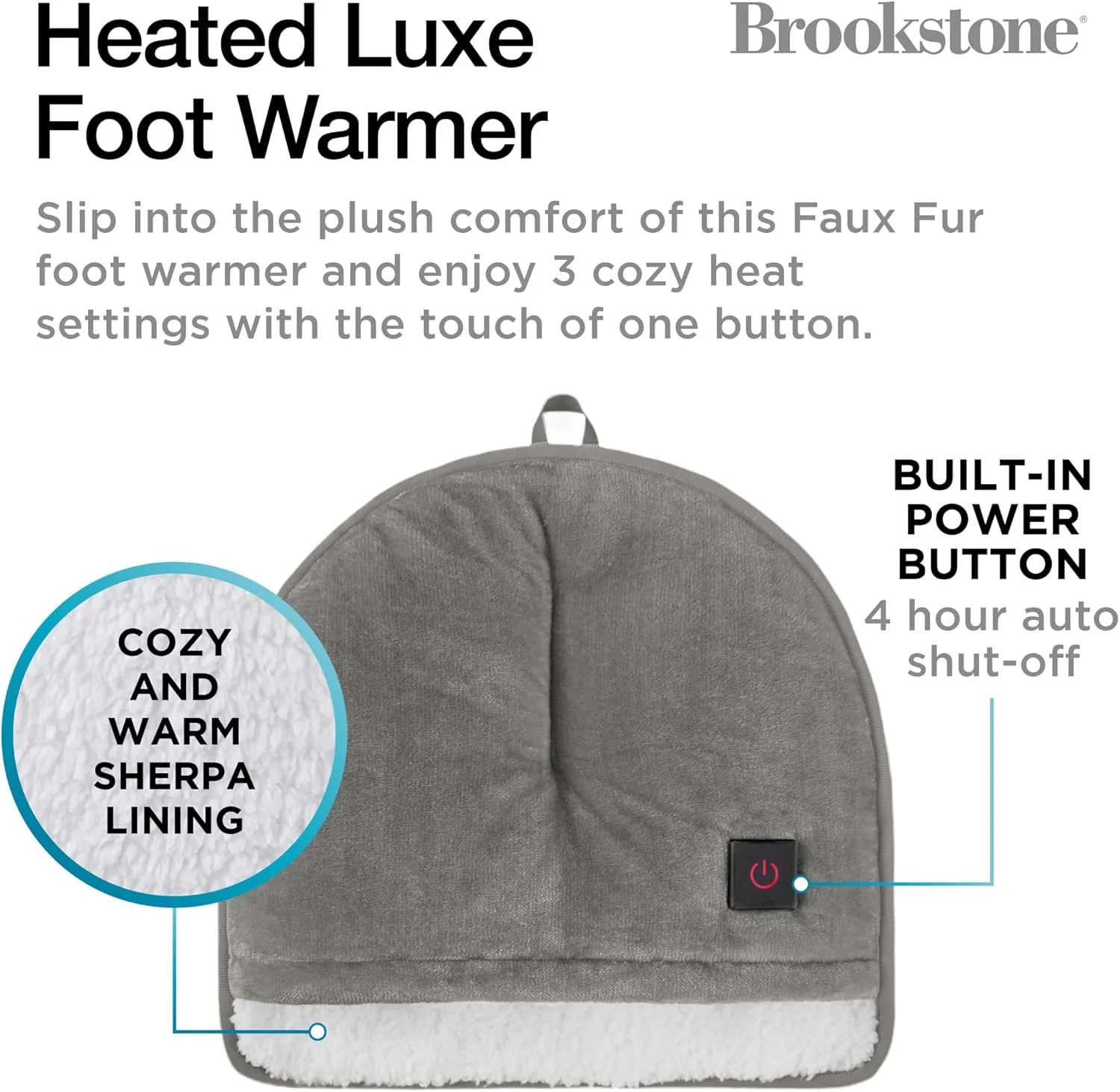 Brookstone Electric Foot Warmer | Ultimate Relaxation with 4 Adjustable Settings for Custom Warmth | Soft Sherpa-Lined for Supreme Comfort | Feet Heater for Sofa, Desk or Anywhere | 100% Polyester