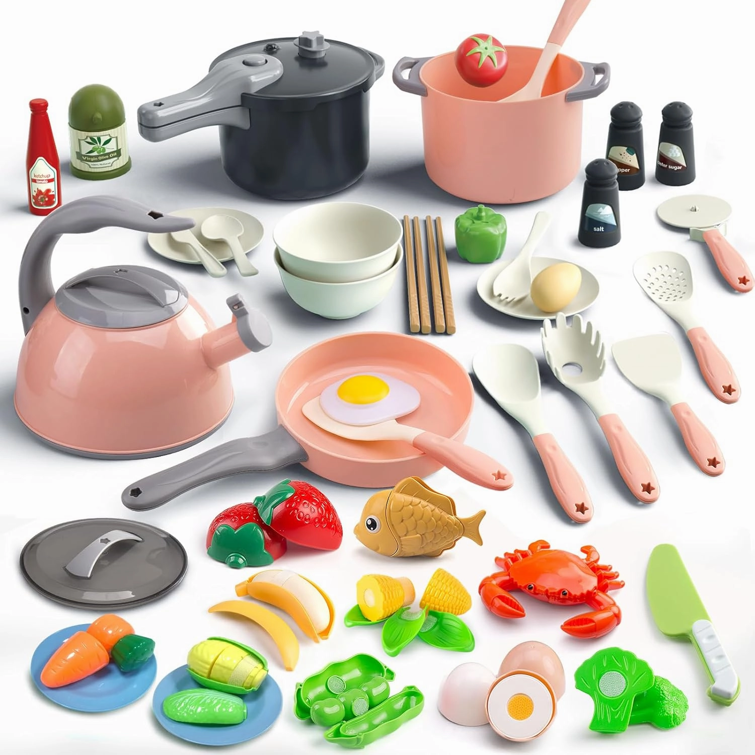 Bruvoalon 67Pcs Kids Play Kitchen Toys Set, Toddlers Pretend Cooking Playset Acccessories with Pots Pans, Utensils Cookware, Foods, Canned Veges, Learning Gift for Kids Girls Boys (Pink)