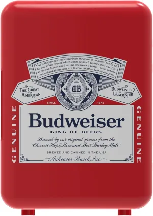Budweiser MIS135BUD, Mini Portable Compact Personal Fridge Cooler, 4 Liter Capacity Chills Six 12 oz Cans, 100% Freon-Free & Eco Friendly, RED