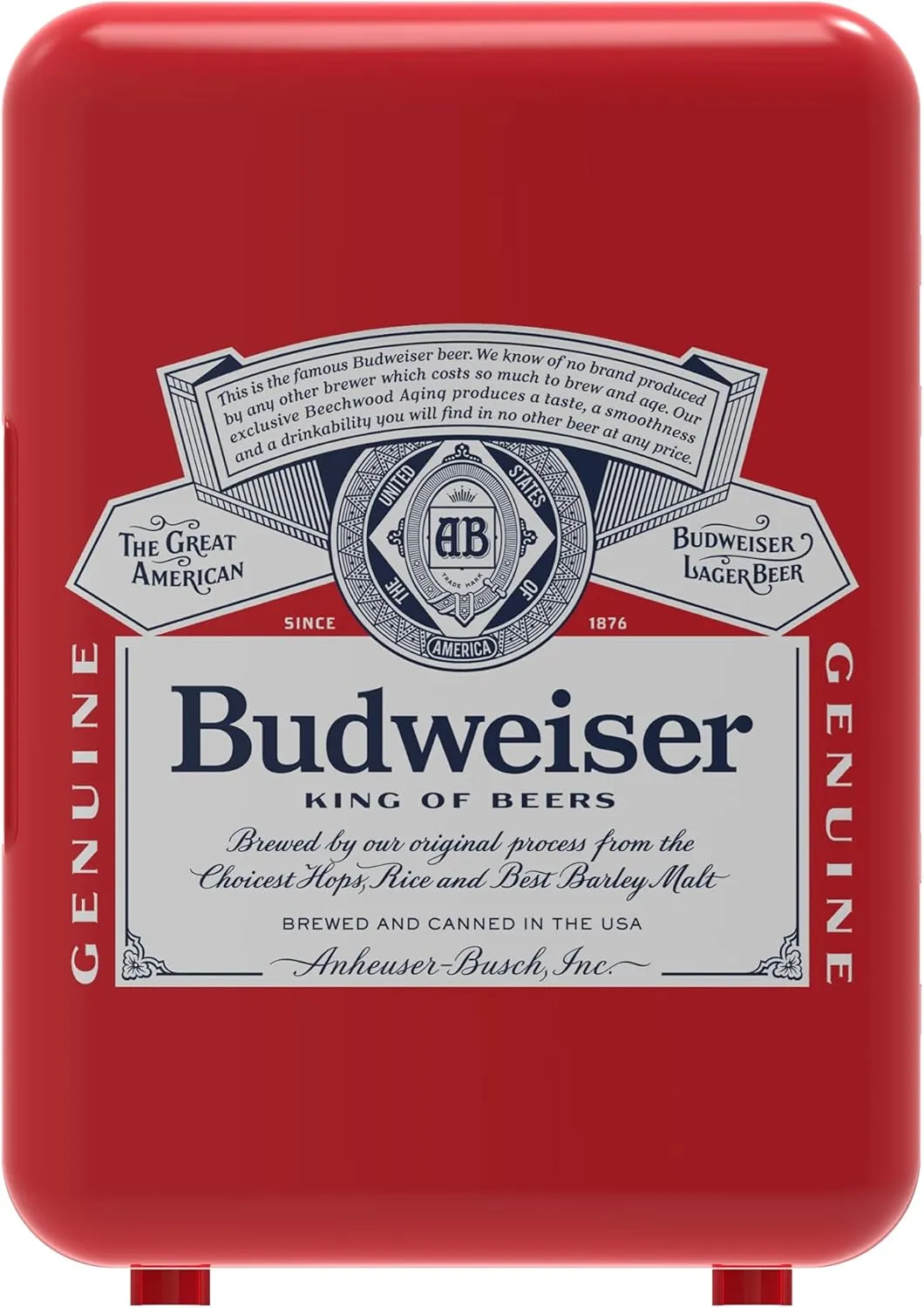 Budweiser MIS135BUD, Mini Portable Compact Personal Fridge Cooler, 4 Liter Capacity Chills Six 12 oz Cans, 100% Freon-Free & Eco Friendly, RED
