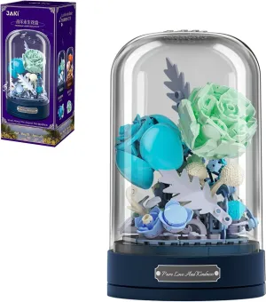 Building Blocks Flowers Bouquet Set with Music Box and Dust-Proof Dome,Simulation Artificial Particle Flower Collection Construction Building Bricks Toy,Home Decor (Blue)