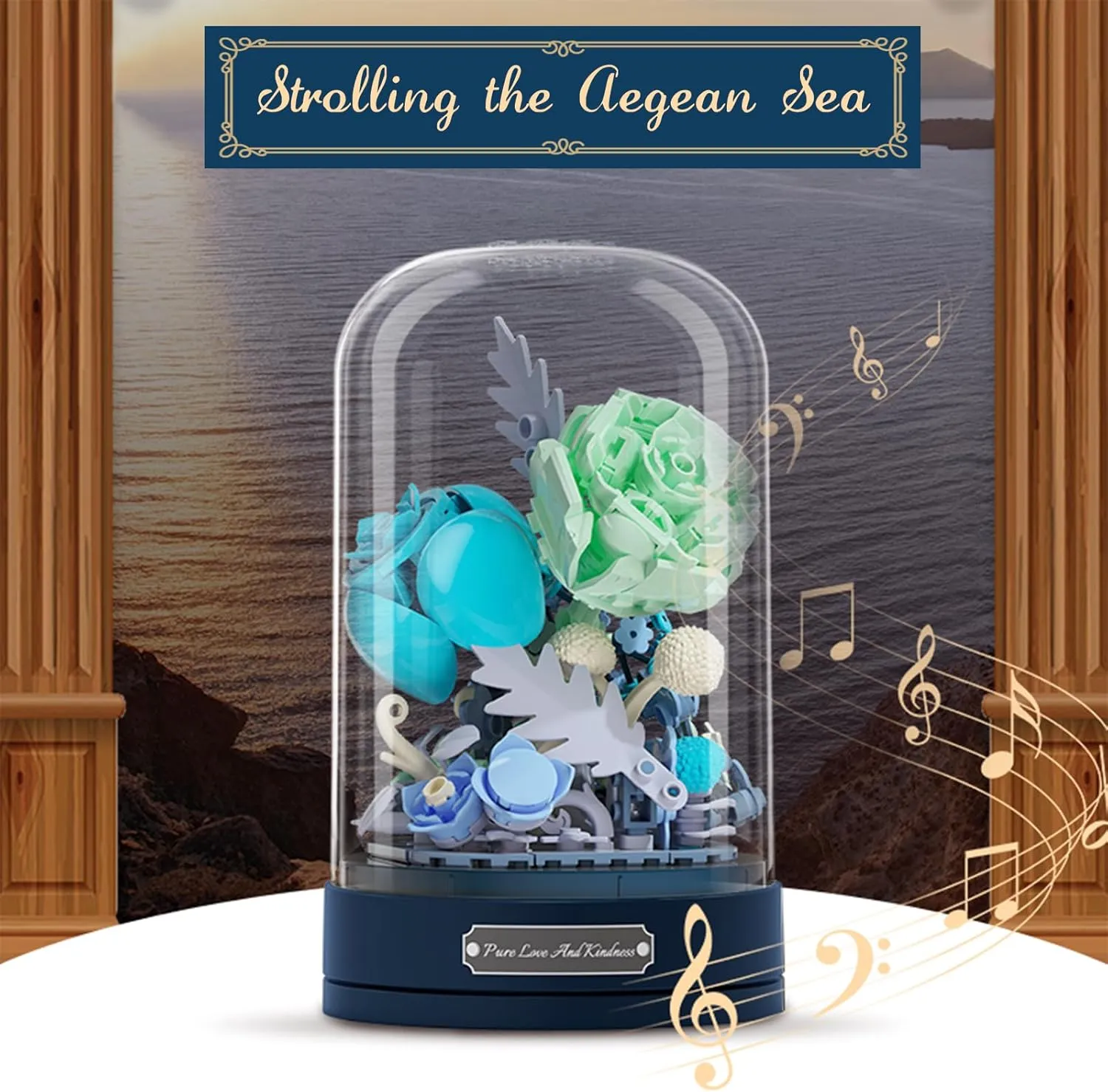Building Blocks Flowers Bouquet Set with Music Box and Dust-Proof Dome,Simulation Artificial Particle Flower Collection Construction Building Bricks Toy,Home Decor (Blue)