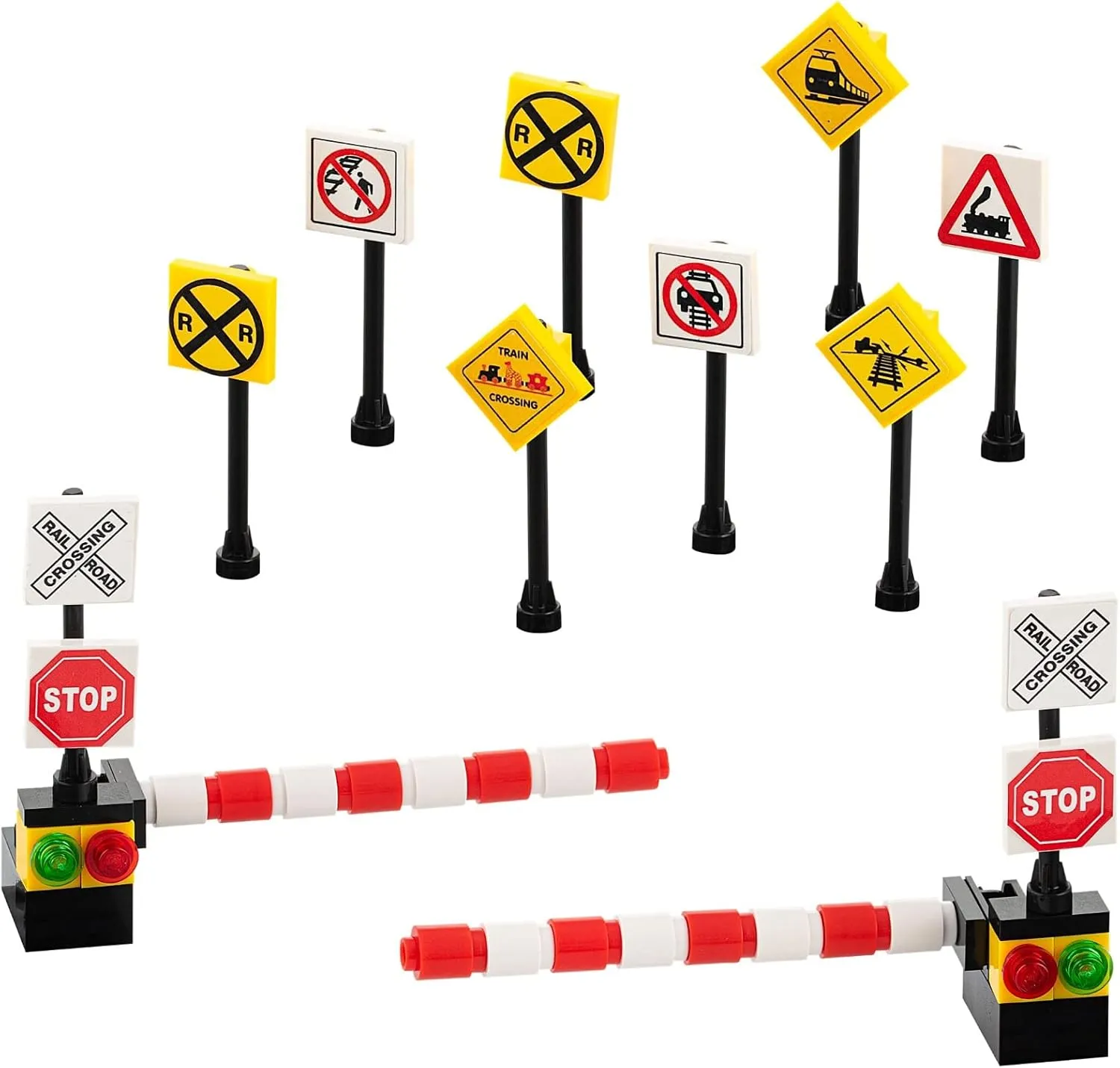 Building Bricks Toys Custom Train Railroad 2 Crossing Signals 2 Crossing Gates 8 Railroad sighns