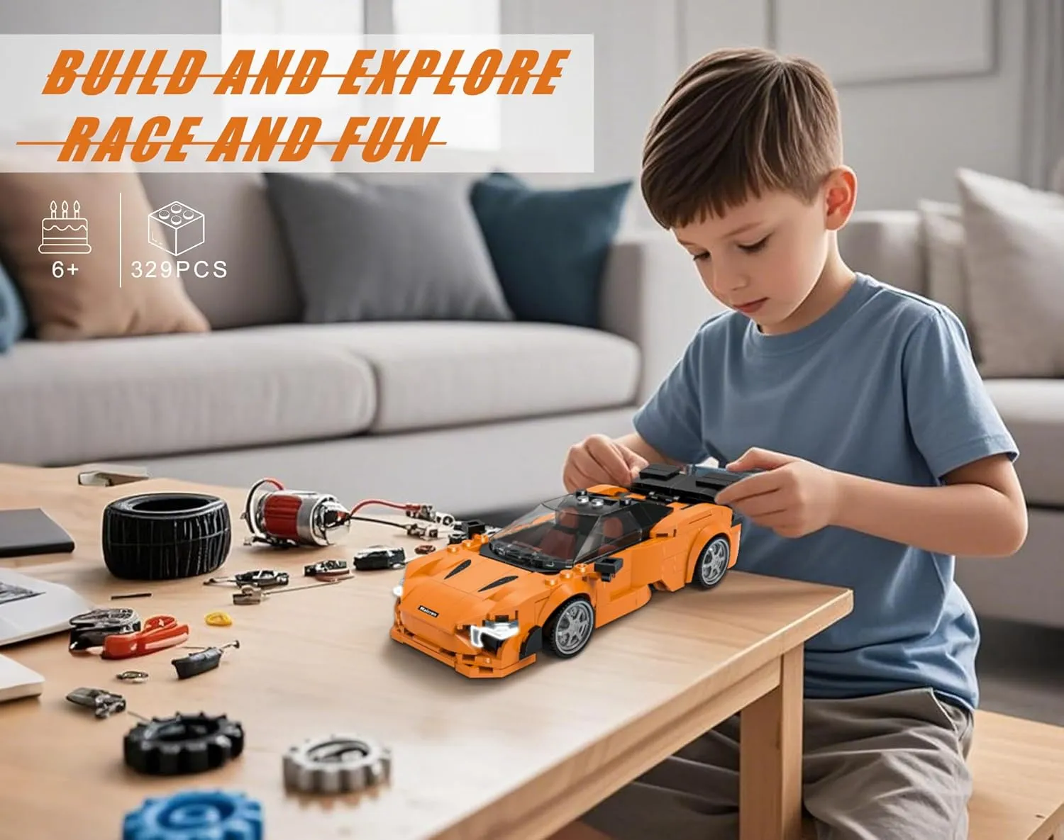 Building-Set Race-Car, 720S Orange Sports Cars Technical Model Kit with 4 Swappable Wheel Rims, Birthday Gift Toy for Boy Teen Adult Age 8-12 Year Kid 6 , MOC DIY Block Speed Display