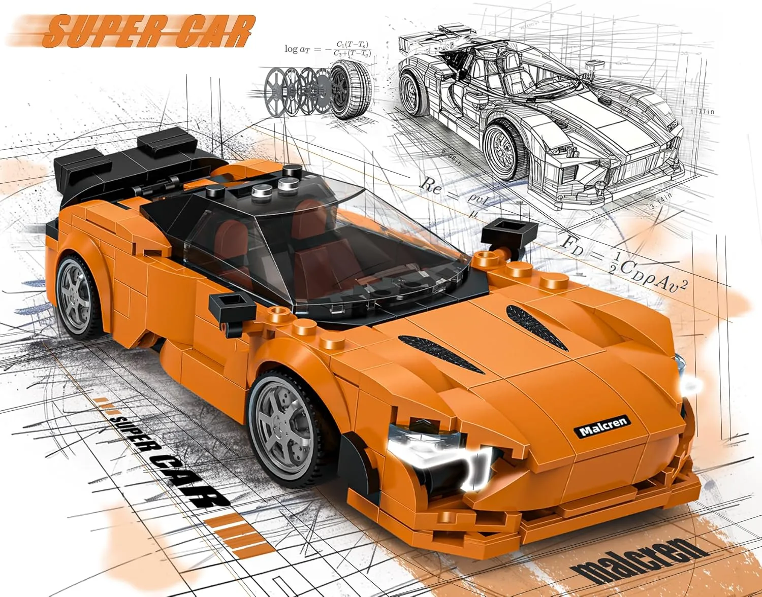 Building-Set Race-Car, 720S Orange Sports Cars Technical Model Kit with 4 Swappable Wheel Rims, Birthday Gift Toy for Boy Teen Adult Age 8-12 Year Kid 6 , MOC DIY Block Speed Display