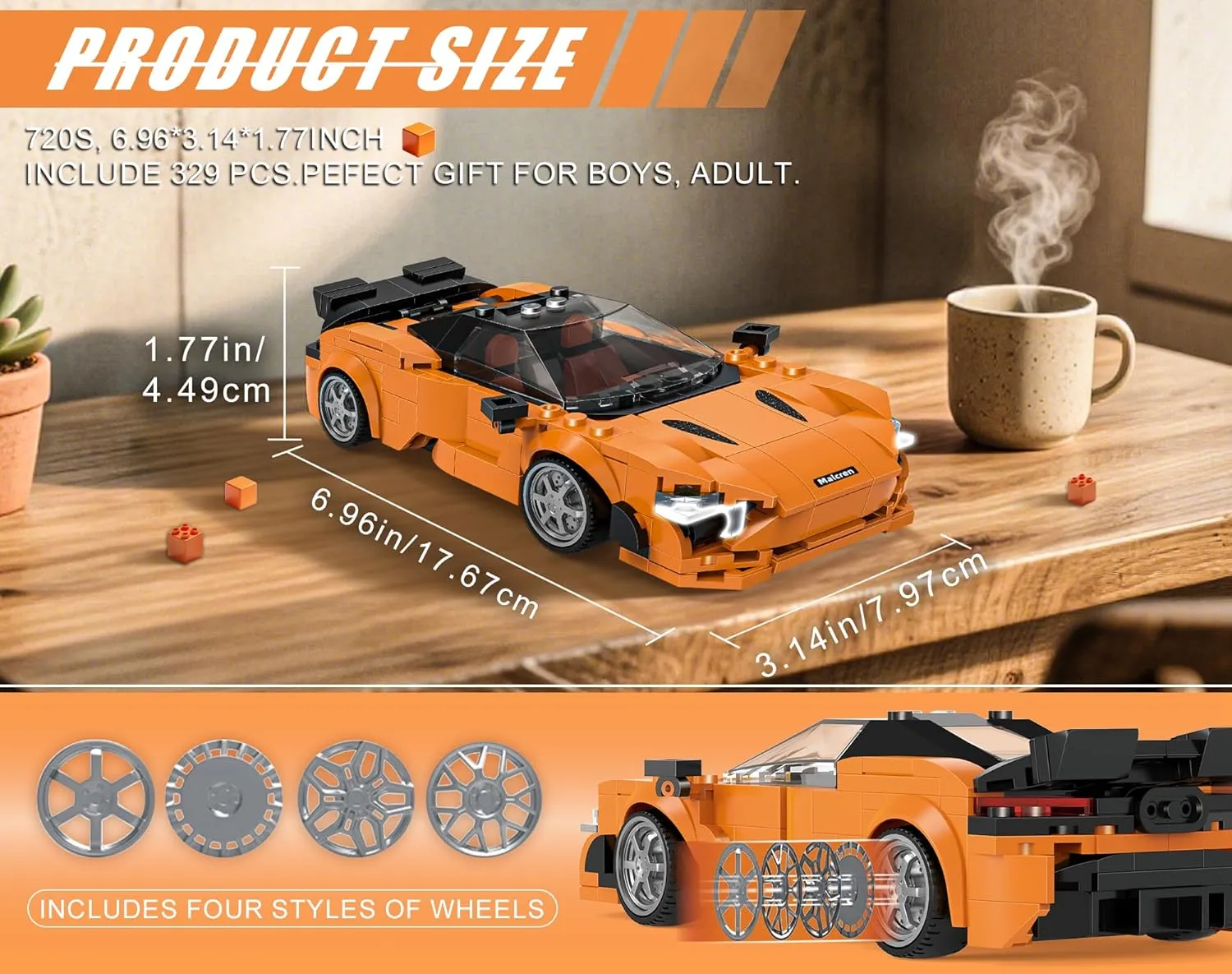 Building-Set Race-Car, 720S Orange Sports Cars Technical Model Kit with 4 Swappable Wheel Rims, Birthday Gift Toy for Boy Teen Adult Age 8-12 Year Kid 6 , MOC DIY Block Speed Display