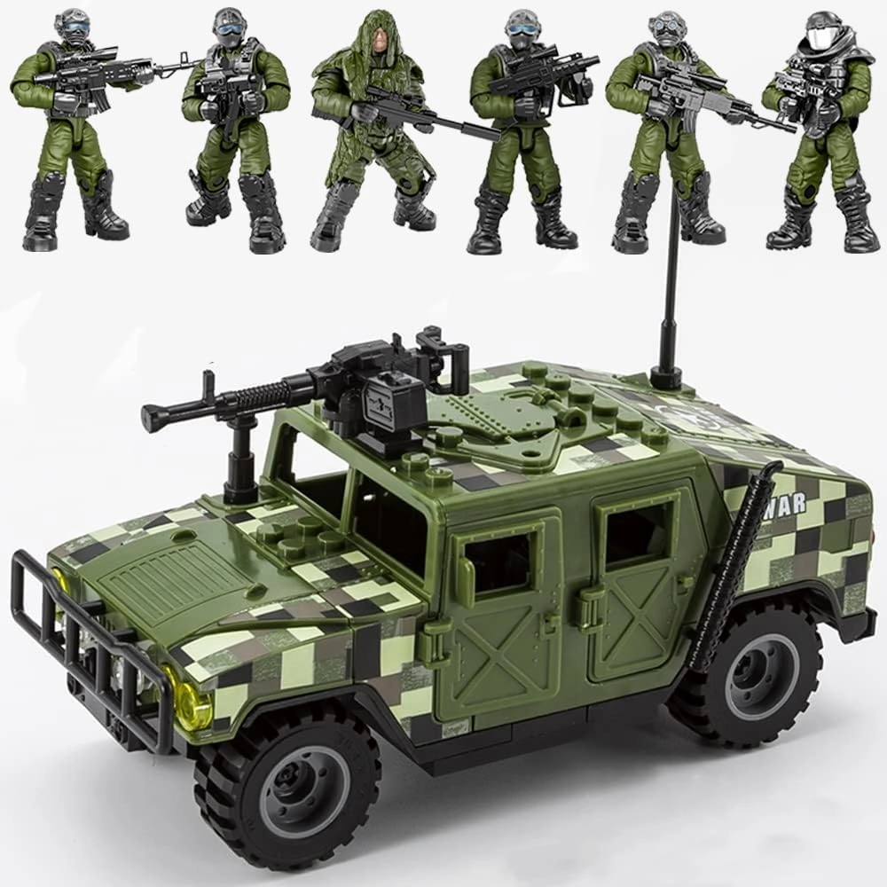 Building Block Armored Vehicle with 6 Random Army Figures Brick Military Vehicle Building Toy for Age 6 7 8 9 10 11 12 , Army Battle Building Kit, Army Car Model Toys Gifts for Boys