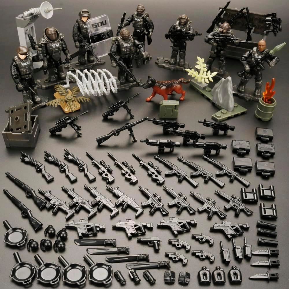 Building Block City Policeman Mini-Figures with Multiple Military Weapons Accessories 8 PCS SWAT Equipment Military Vehicle Army Car Assembly Building Toys Gift for Boys
