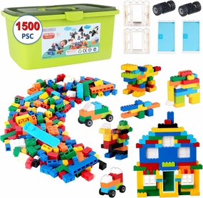 Building Bricks 1500 Pieces, Basic Classic Building Blocks Random Colors, 8 Shapes, 1500Pcs Bulk Building Bricks for Kids Age 6 , with Storage Box, Compatible to All Major Brands