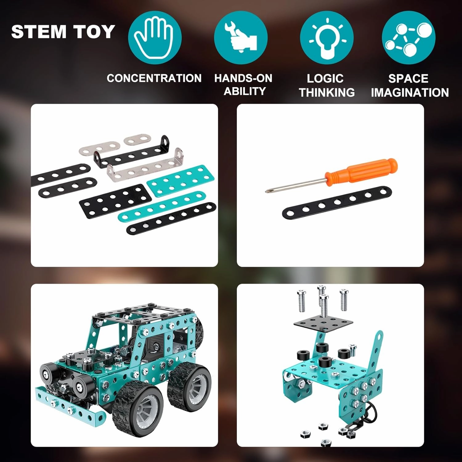 Building Sets Stem Assembly Metal 3-D Puzzle Off-Road Model Car Building Kit Construction Set Toys Parent-Child Interaction Construction Sets Gifts for Kids 8-16 Blue