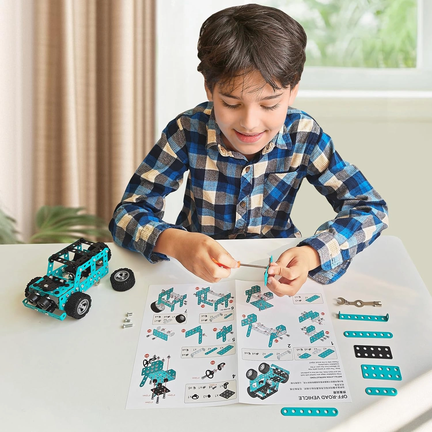 Building Sets Stem Assembly Metal 3-D Puzzle Off-Road Model Car Building Kit Construction Set Toys Parent-Child Interaction Construction Sets Gifts for Kids 8-16 Blue