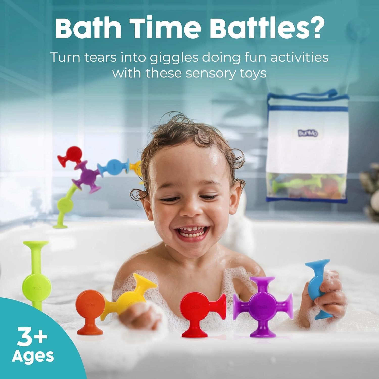BUNMO Suction Bath Toys - Connect, Build, Create - Bath Toy - Hours of Fun & Creativity - Fine Motor Skills - Captivating & Stimulating Sensory Toy - Non-Mouthable Toy 3  - Smooth 24 Pack