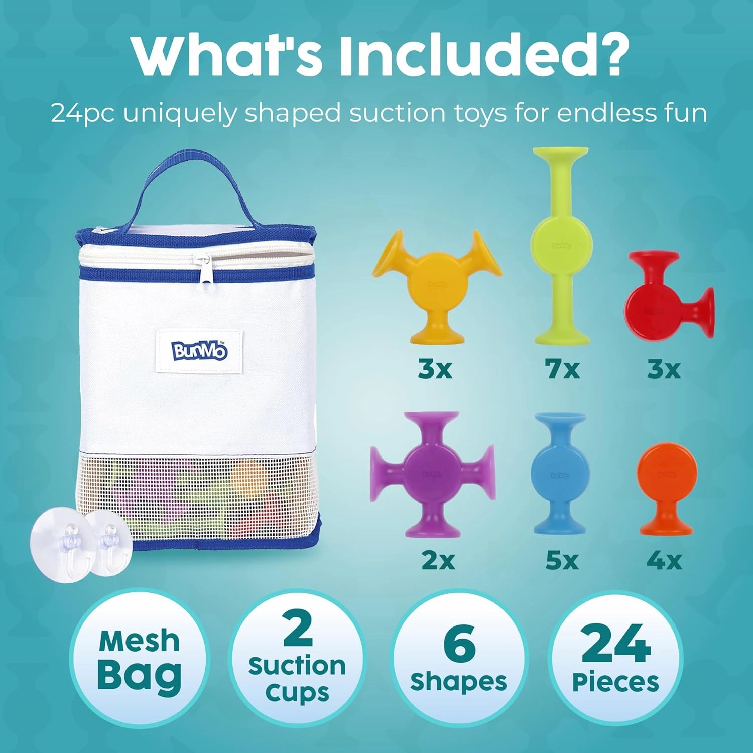 BUNMO Suction Bath Toys - Connect, Build, Create - Bath Toy - Hours of Fun & Creativity - Fine Motor Skills - Captivating & Stimulating Sensory Toy - Non-Mouthable Toy 3  - Smooth 24 Pack