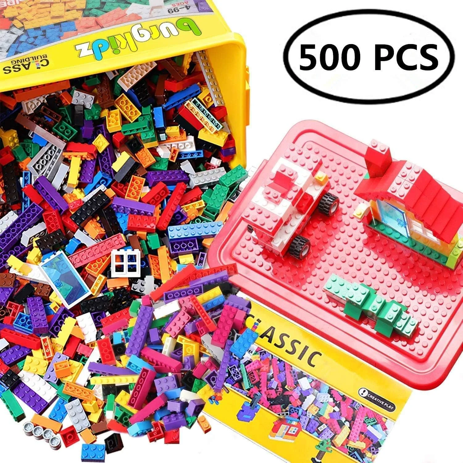 burgkidz Building Bricks 568 Pieces Toys, Classic Building Blocks Includes Wheels, Door, Window, Compatible Bulk Block with Storage Box and Baseplate, STEM Educational Gift for Kids 3  Year