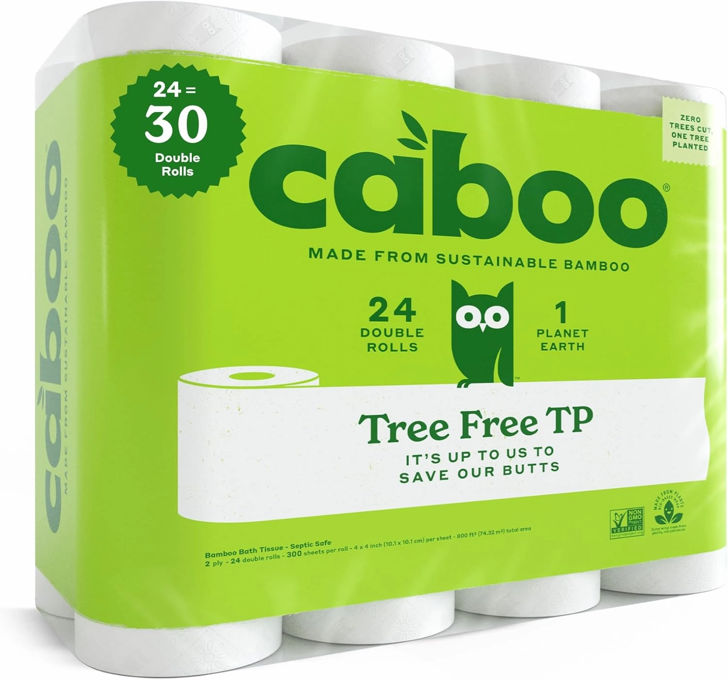 Caboo Tree Free Toilet Paper, Septic Safe Toilet Tissue, Non Toxic, Chemical Free, Non Toxic, 2 Ply Bathroom Toilet Paper | Pack of 24 Double Rolls, 300 Sheets Per Roll