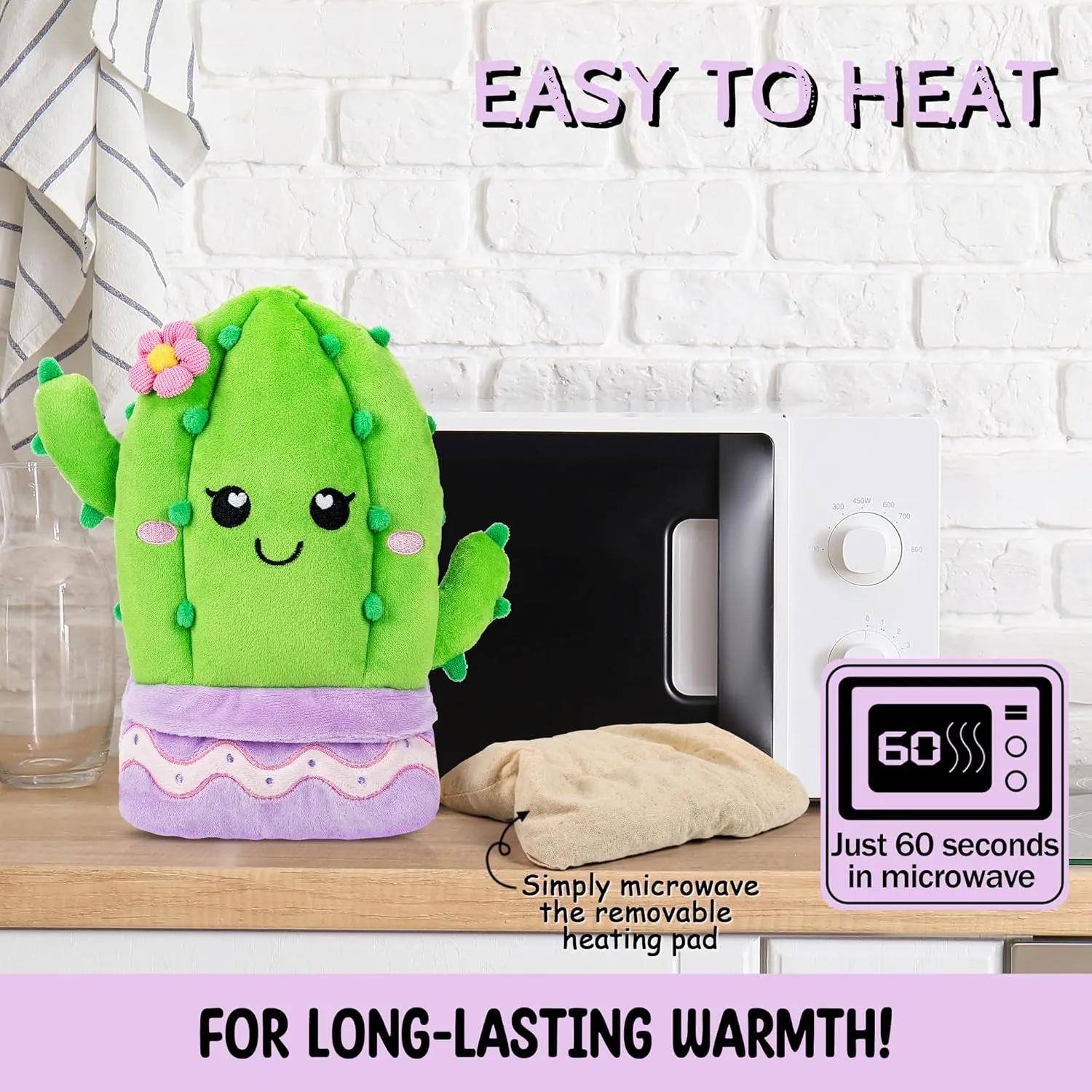Cactus Microwavable Unscented Heating Pad for Women and Kids- Cute Soft Cozy Pillow Plush Heatable Warm Stuffed Animals - Kawaii Hot and Cold Plushie Food Toy - Cactus Gifts for Girls and Boys