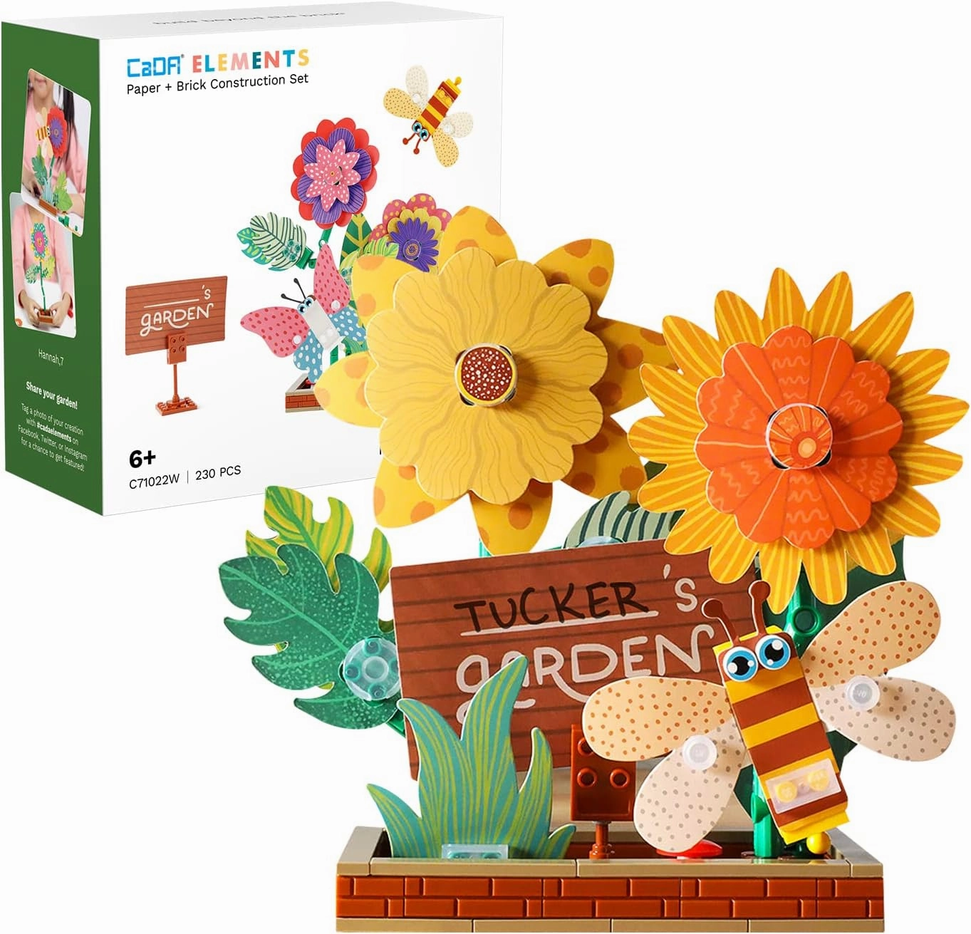 CaDA Flower Garden Building Toys, Paper & Brick 230 Pcs Flower Building Brick Kit with Flapping Bee Clip Brick Gift Toys for 6  Year Old Girls Birthday, DIY STEM Gardening Building Set
