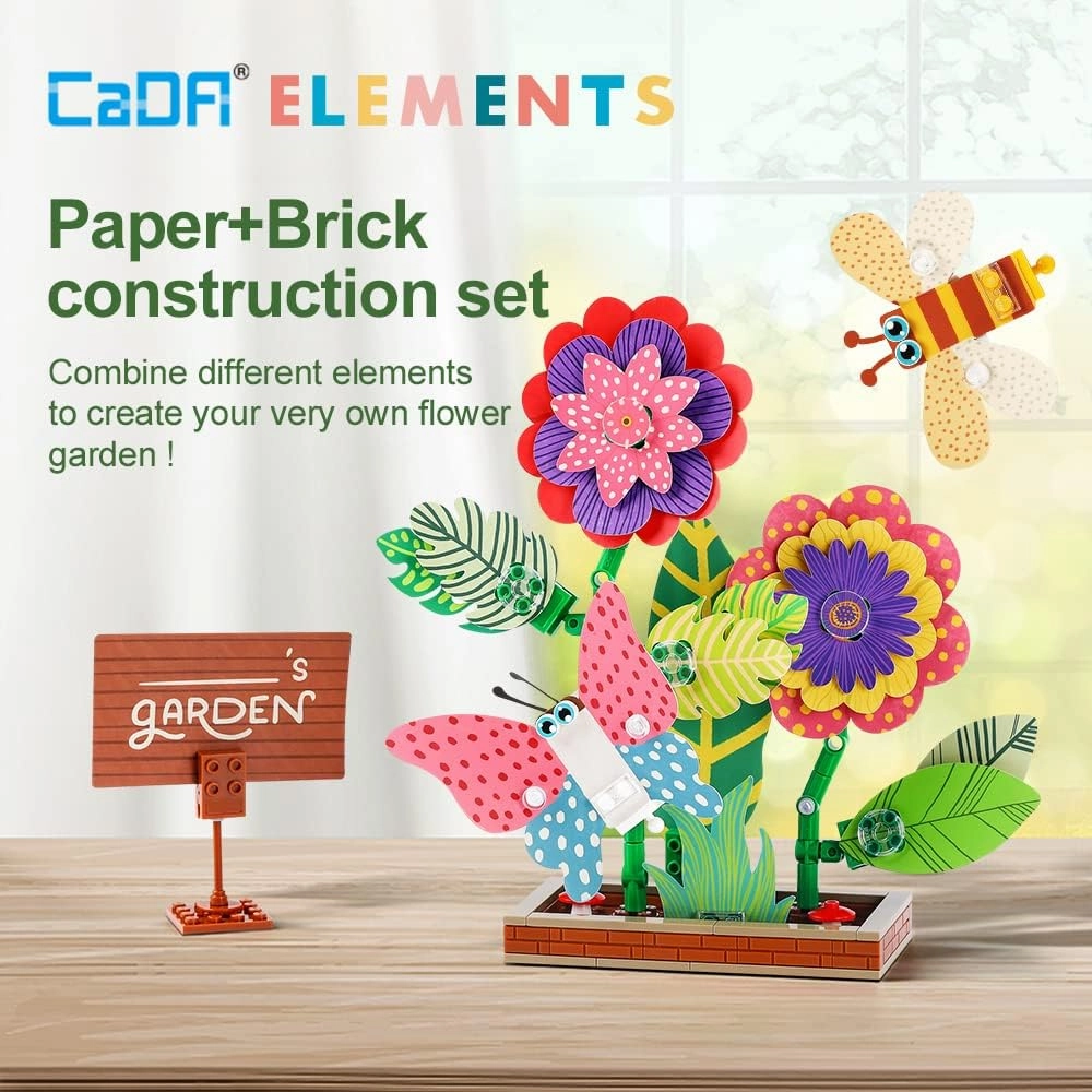 CaDA Flower Garden Building Toys, Paper & Brick 230 Pcs Flower Building Brick Kit with Flapping Bee Clip Brick Gift Toys for 6  Year Old Girls Birthday, DIY STEM Gardening Building Set