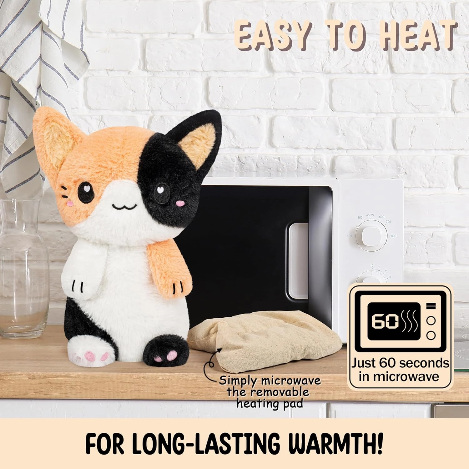 Calico Cat Microwavable 1.5 lbs Unscented Heating Pad for Women and Kids- Cute Soft Cozy Pillow Plush Heatable Warm Stuffed Animals - Kawaii Hot and Cold Plushie - Calico Cat Gifts for Girls and Women