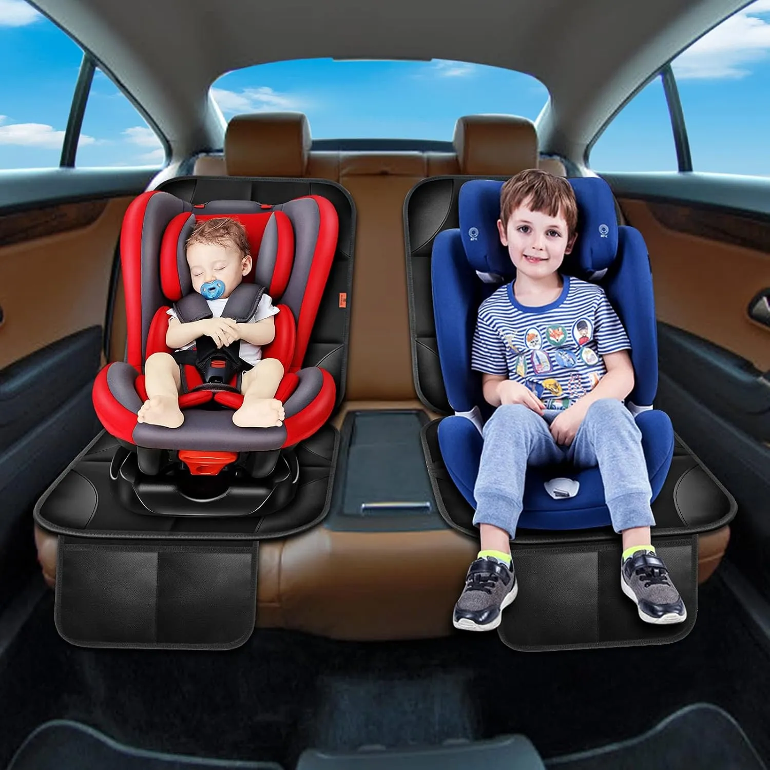 Car Seat Protector 2 Pack, Thickest Padding, Waterproof 600D Fabric, Non-Slip Backing, Mesh Pockets, Brown
