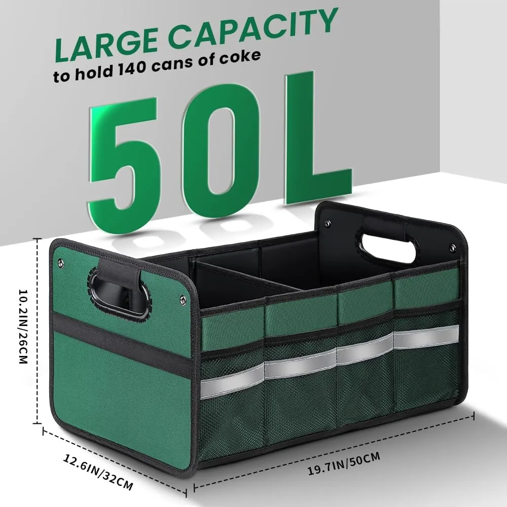 Car Trunk Organizer, Car Storage Organizer, Collapsible Multi Compartment for Car, Suv, Sedan, Truck, 100L, Extra Larger (Green, 50L)