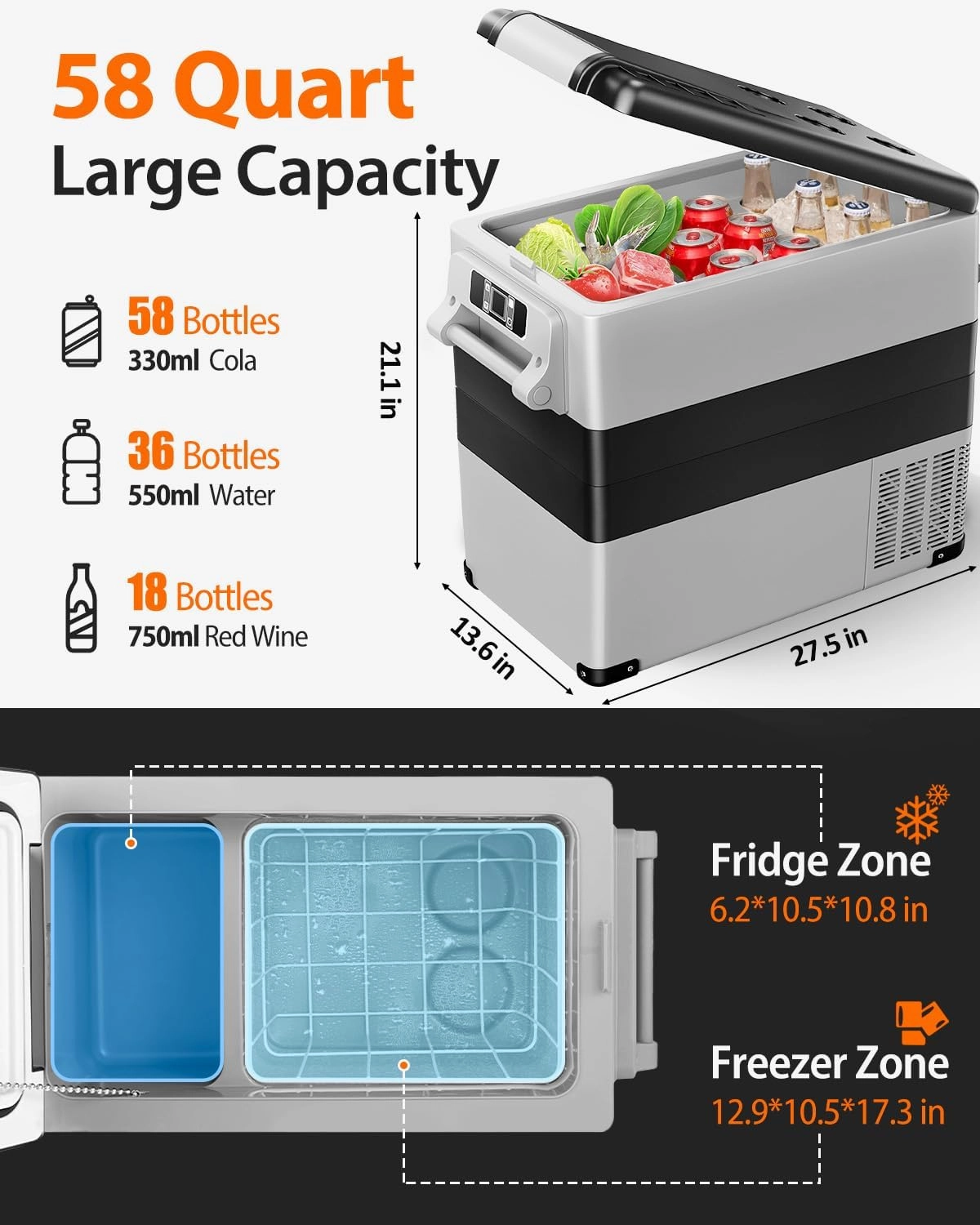 Car Fridge Portable 12 Volt Refrigerator - 58 Quart(55L) Electric Cooler with AC/DC for Truck RV Van Camper, Car Refrigerator Freezer for Camping Boat Travel, APP Control, -4~68°F