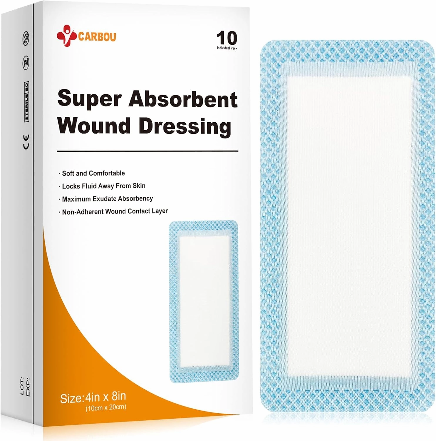 Carbou Super Absorbent Wound Dressing Pads 4"x 8", 10 Individual Pack, Non Adhesive Absorbent Bandages for Wound Care, Soft Highly Absorbent Dressing, Non Stick Gauze Pads for Wounds