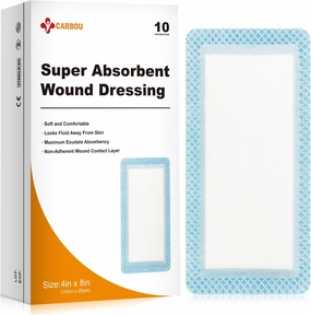 Carbou Super Absorbent Wound Dressing Pads 4"x 8", 10 Individual Pack, Non Adhesive Absorbent Bandages for Wound Care, Soft Highly Absorbent Dressing, Non Stick Gauze Pads for Wounds