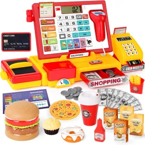 Cash Register for Kids with Scanner Realistic, Pretend Play Toy Cash Register with Fast Food/Fake Money/Credit Card/Calculator/Microphone Gift Ideas for Toddlers Girls Boys 3-5 4-8, Yellow