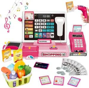 Cash Register Playset Toy for Kids, Real Calculator Register, Pretend Play Store with Music, Scanner, Play Money, Food, Preschool Learning Toy Playset Gift for Toddler Boy Girl
